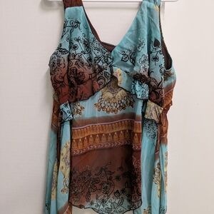 Julie's Closet Aqua and Chocolate Patterned Blouse